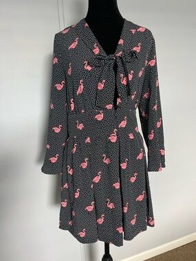Zara Black Polka Dot Dress with Pink Flamingo Motif Size Medium